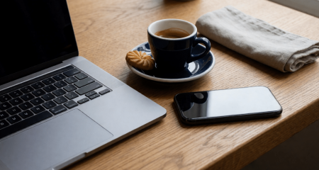 Laptop en telefoon op een cafétafel met een koekje op het schoteltje