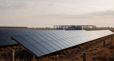 Zonnepark over een vlak veld met een transformatorstation aan de rand