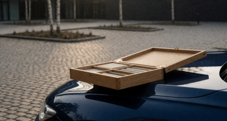 Geopende monsterkoffer op een kofferbak aan de rand van een parkeerplaats