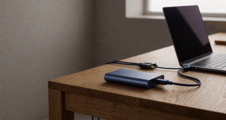 Harde schijf aangesloten op een laptop op een technische werkbank