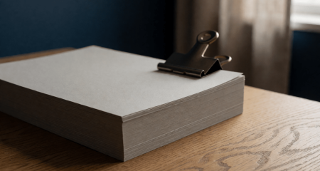 Dik pak documenten bijeengehouden door een grote klem op een eikenhouten tafel