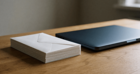 Stapel ongeopende facturen op een bureau naast een dichtgeklapte laptop