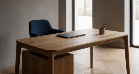 Directiebureau met een dichtgeklapte laptop, pennenbak en één stoel