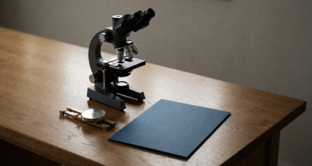 Microscoop en een meetinstrument op een werkbank naast een map
