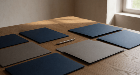 Meerdere mappen verspreid over een grote tafel met één pen in het midden