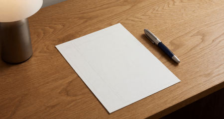 Geprint document en een pen klaargelegd op een eikenhouten bureau