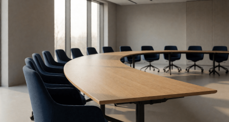Vergaderruimte met een hoefijzeropstelling van tafels en lege stoelen