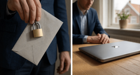 Dichte envelop en een hangslot op een bureau naast een gesloten laptop
