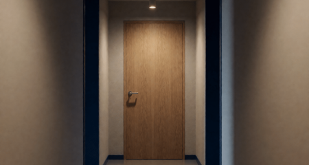 Anonieme deur in een gang met één plafondlamp erboven