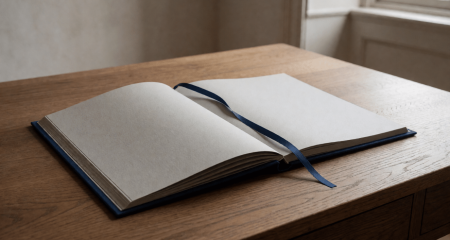 Ingebonden boekje met leeslint opengeslagen op een eikenhouten bureau