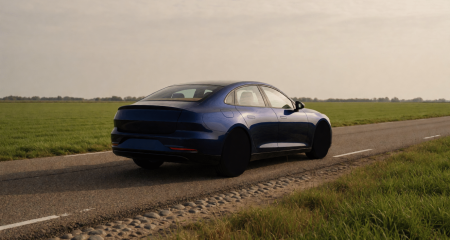 Auto in de berm van een lege weg langs een vlak weiland
