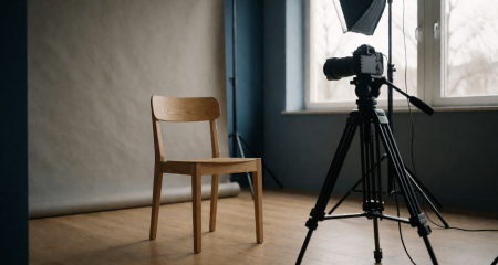 Studiolamp en camera op statief gericht op een lege stoel
