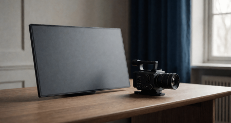 Videocamera en een beeldscherm met een leeg grijs kader