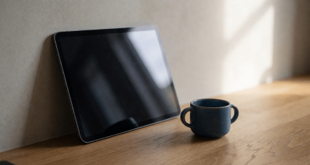 Tablet met leeg scherm op een keukenblad naast een kinderbeker