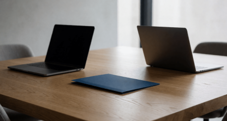 Vergadertafel met twee laptops tegenover elkaar en een map ertussen