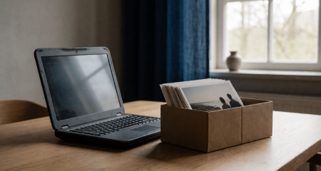 Oude laptop en een schoenendoos met foto's op een tafel in een woonkamer