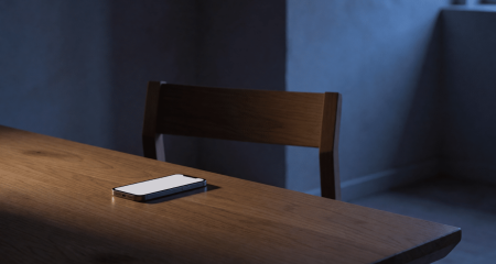 Oplichtende telefoon op een tafel in een donkere kamer