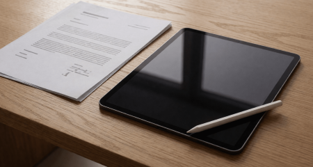 Tablet met stylus naast een geprint contract op een bureau