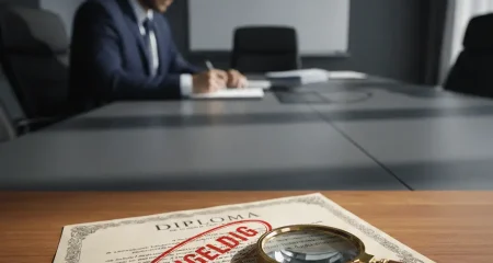 Diploma met ongeldig-stempel onder vergrootglas — illustratie bij artikel over liegen over je diploma
