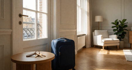Gemeubileerd grachtenpand-appartement met koffer en huissleutels bij de deur, klaar voor tijdelijke verhuur