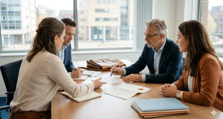 Een professioneel overleg in een licht, modern kantoor waarbij vier mensen rond een houten tafel zitten. Een oudere man in een blauw jasje wijst met een pen op een officieel document, terwijl een jongere vrouw tegenover hem aandachtig luistert en gebaart. De setting suggereert een juridische onderhandeling of het bespreken van een vaststellingsovereenkomst, met dossiers en een aktetas op tafel en een stedelijke achtergrond door het raam.