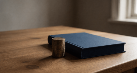 Stapeltje munten naast een gesloten grootboek op een eikenhouten bureau