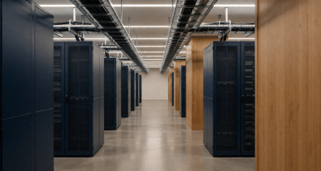 Gang in een datacentrum met kabelgoten aan het plafond