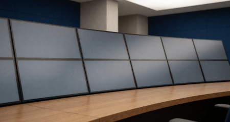 Rij monitoren met lege grijze panelen in een controlekamer