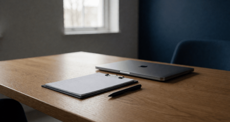 Blocnote met een laptop op een bureau in een compliancekantoor