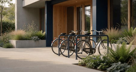 Fietsenrek naast de ingang van een modern kantoor met beplanting
