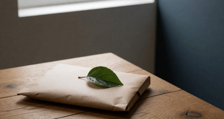 Groen blad op een blanco papieren verpakking op een houten tafel