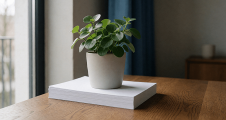 Groene plant op een stapel contractpapieren bij het raam