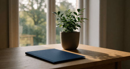 Documentenmap op een bureau naast een groene kamerplant voor het raam
