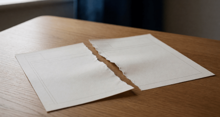 Gescheurde contractpagina naast een ongeschonden pagina op een tafel