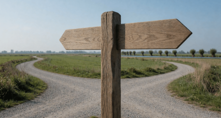 Wegwijzer met twee blanco armen bij een splitsing in een landweg