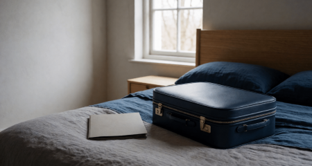 Koffer en een documentenmap op een bed in een kleine huurkamer