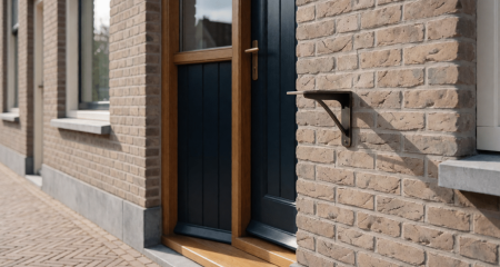 Gevel van een rijtjeswoning met een lege makelaarsbeugel bij de deur