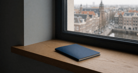 Gesloten reisdocument op een vensterbank met stadsuitzicht