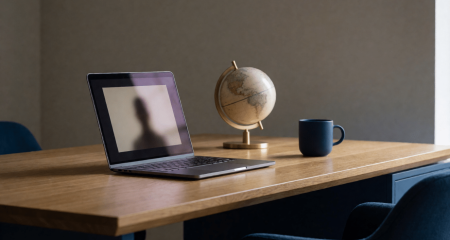 Bureau met een laptop in een videovergadering en een wereldbol ernaast
