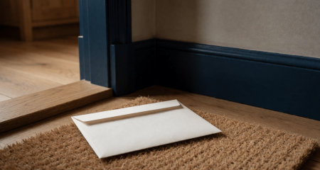 Officiële envelop op een deurmat in een voorhal
