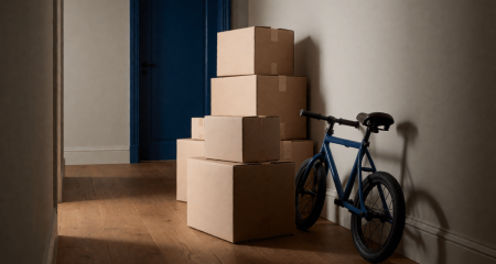 Ingepakte verhuisdozen in een gang met een kinderfiets ernaast