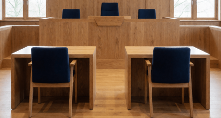 Rechtszaal met twee gelijke tafels tegenover een verhoogde bank