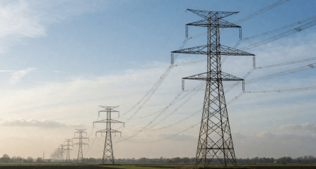 Hoogspanningsmasten over een vlak Nederlands weiland