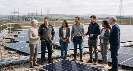 Leden van een energiegemeenschap bespreken collectieve opwek en energiedeling onder de Energiewet