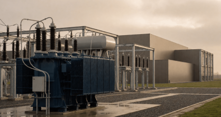 Industrieel transformatorstation naast een fabrieksterrein