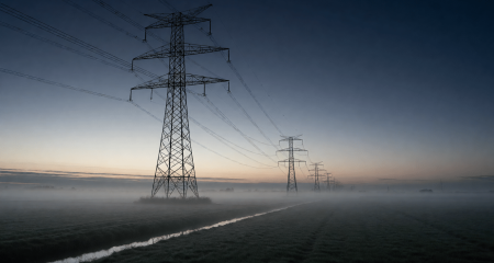Hoogspanningsmasten boven een Nederlandse polder bij zonsopgang