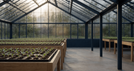 Kasinterieur met rijen jonge planten en daglicht door het glas
