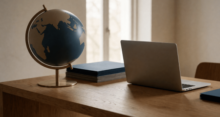 Wereldbol op een bureau naast een stapel mappen en een laptop