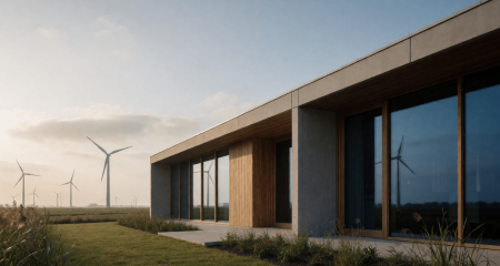 Windturbines aan de horizon achter een modern kantoorgebouw met glasgevel