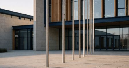 Rij kale vlaggenmasten voor een modern bestuursgebouw